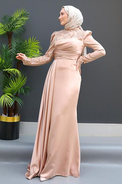 GİZ AGİYİM Afra Hijab Evening Dress Salmon