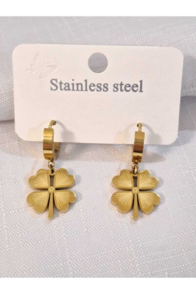 Fasion Jewelry DÖRT (4) YAPRAKLI YONCA PASLANMAZ ÇELİK KÜPE - GOLD