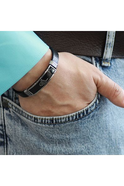 Tesbihane Tuğra Themed Black Leather-Steel Combination Men's Bracelet
