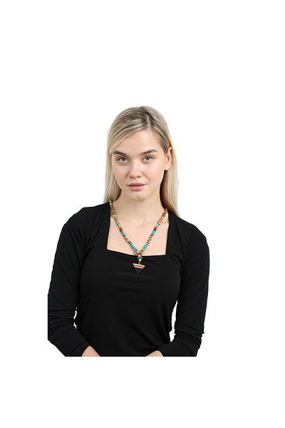 Tesbihane Handmade Ethnic Wooden Combination Turquoise Color Transitional Spear Pendant Authentic Necklace