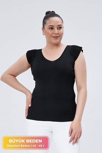 tarzımsüper New Season Stretch and Shoulder Embossed Sleeveless Knitted Knitwear Blouse - Large Size
