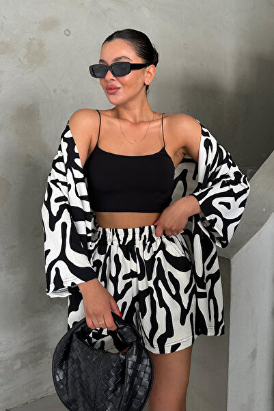 MODAGEN Kadın Zebra Desenli Kimono Şort Alt Üst Takım