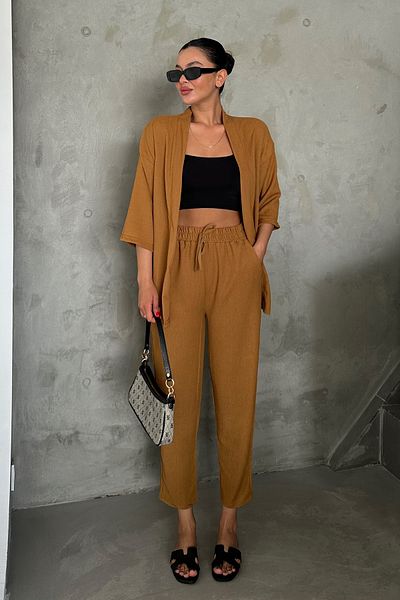 MODAGEN Women's Camel Kimono Top and Bottom Carrot Pants Set