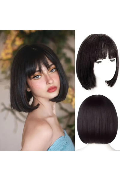 AKOLİFE Koyu Kestane Bob Model Kısa Peruk - Gerçek Saç Dokusu