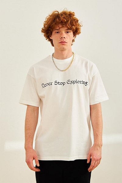 Danger Men's Text and Horse Printed Oversize T-shirt Ecru