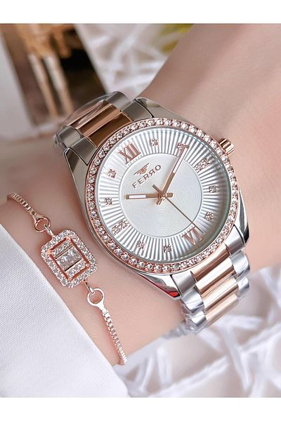 FERRO Silver/rose Anti-tarnish Color Throw 3 Atm Special Design Women's Wristwatch with Metal Cord Bfl21261-s