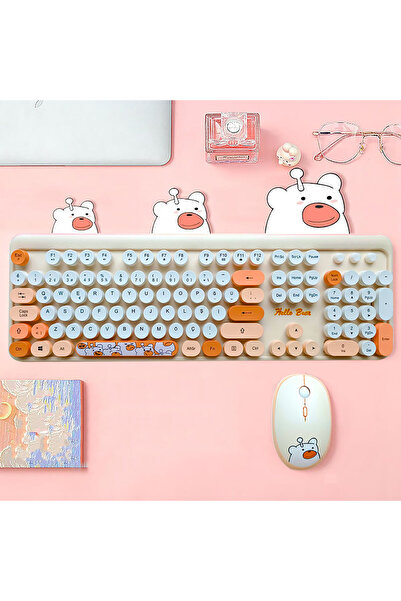 Microcase Mofii Ayıcık Desenli Kablosuz Renkli Yuvarlak Tuşlu Türkçe Klavye Mouse Set-al4258