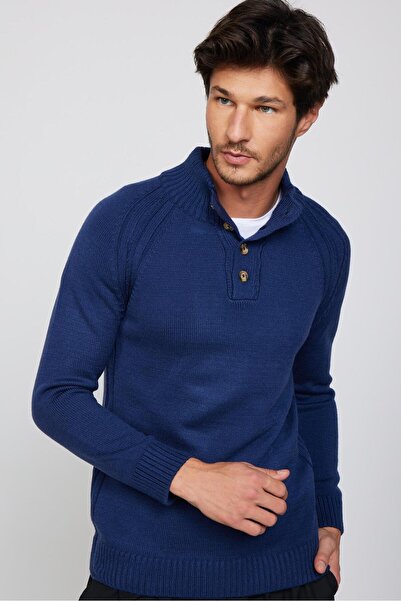 Tudors Navy Blue Slim Fit Knitwear Sweater - Stand Collar and Button Detail