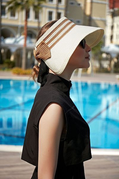 Remsa Mayo Remsa Foldable Visor Straw Hat Sunscreen Visor RŞ-81 Camel Striped Ecru