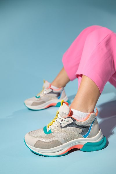 LuviShoes CROWN Beige Glitzer Multi Schnürschuhe für Damen mit dicker Sohle