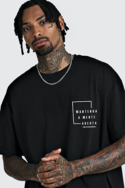 DUBU BUTİK Black Oversize Mantenha Printed Unisex Knitted T-shirt