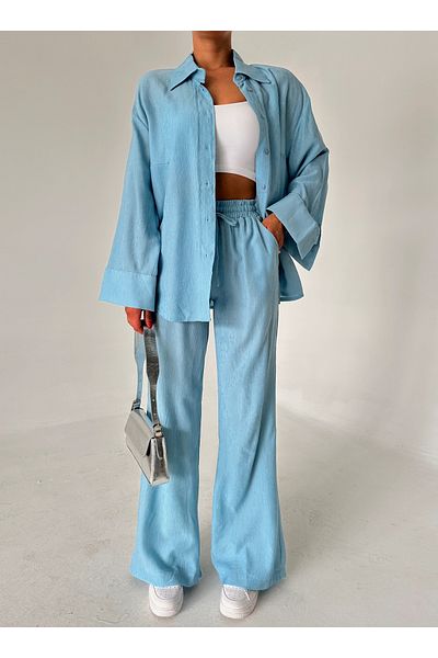 Laluvia Блакитний фактурний брючний костюм Гомлеклі з текстурою Baby Blue