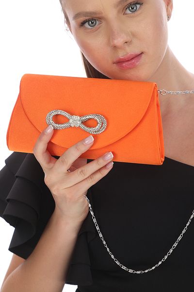 Piedra Orange Colored Satin Fabric Stoned Evening Bag with Magnetic Cover, Can Be Used in Hand and with Shoulder Strap
