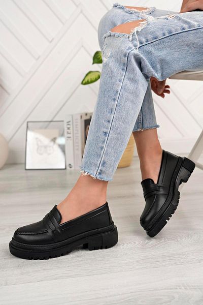 Aymood Mocasini de dama cu varf rotund, barbati, fara siret, cu talpa inalta, pantofi Oxford E piele neagra