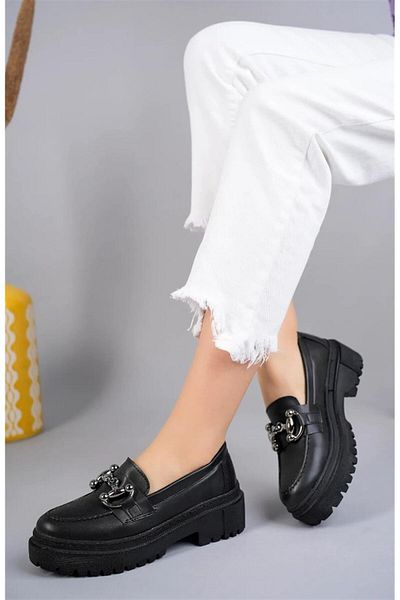 Aymood Mocasin cu talpă groasă pentru femei Pantofi mocasin Gc Platinum Cataramă Mocasin Înălțime toc 5 cm Piele PU