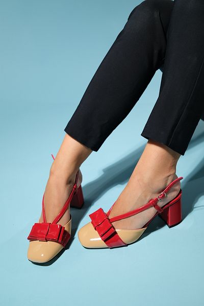 LuviShoes VELES Red-Dark Beige Patent Leather Bow Women's Thick Heeled Shoes
