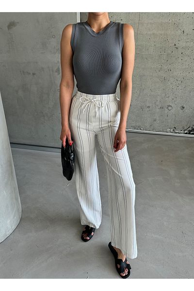 Laluvia Beige Striped Linen Trousers