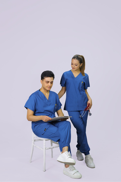 HGM Collection Mavi Jogger Paça Lüks Likralı Unisex Üniforma Takımı
