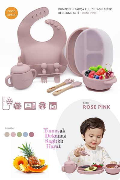 Kiwi Pumpkin 11 Piece Full Baby Feeding Set, 100% Bpa Free, Natural Silicone - Rose Pink
