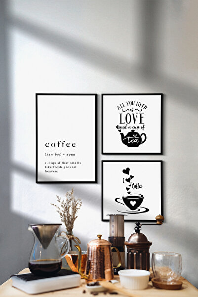 UON Kahve Köşesi Temalı Siyah Çerçeve Görünümlü Mutfak Çay Kahve 3 Parça Mdf Tablo Seti Mdf Set