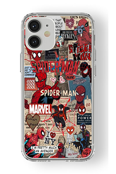 Space Star iPhone 12 Mini Uyumlu Spiderman Kolaj Tasarım Baskılı Şeffaf Kılıf