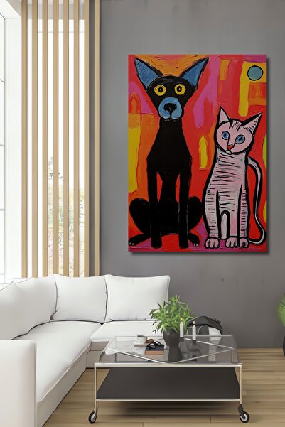 Teona Ahşap Ahşap Modern Soyut Kabartmalı Kedi ve Köpek Çizimi Oda Kare Şekli...
