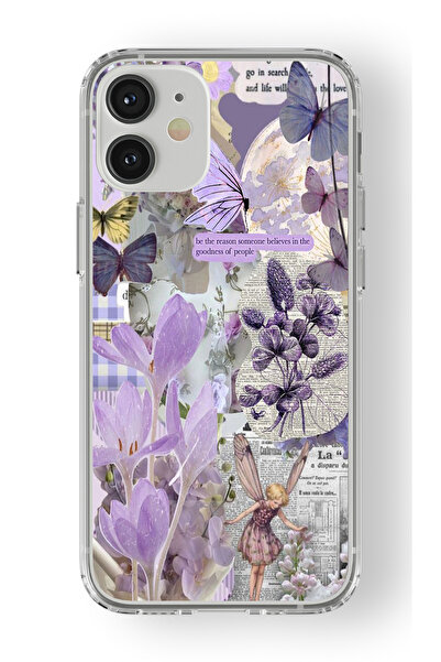 Space Star iPhone 12 Uyumlu Mor Peri Tasarım Baskılı Şeffaf Kılıf