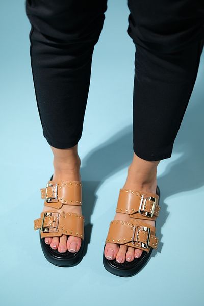 LuviShoes ZLEY Tan Transparent Buckle Women's Slippers