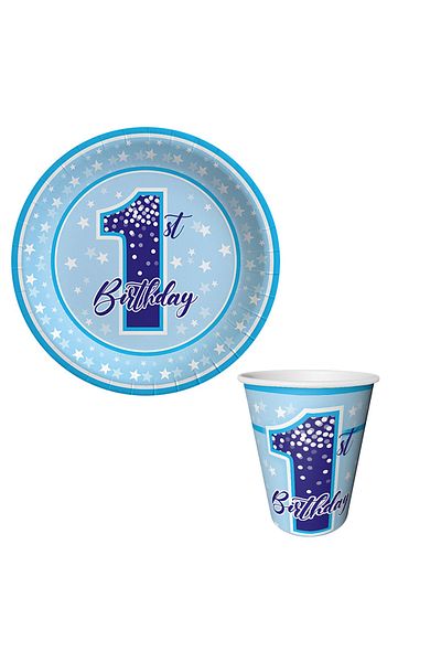 kidspartim 1 Year Old First Birthday Stars Boy Cardboard Plate Cup 8 pcs