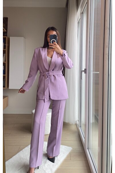 cn novembersun Set pantaloni jachetă cu guler șal de damă liliac