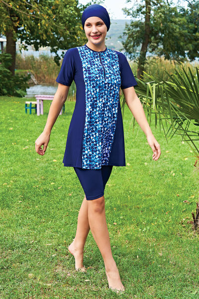 Ruko Maio RUKOMAYO BÜYÜKBEDEN PARÇALI LACİVERTDESENLİ YARIMKOL LYCRA(SU İTİCİ...