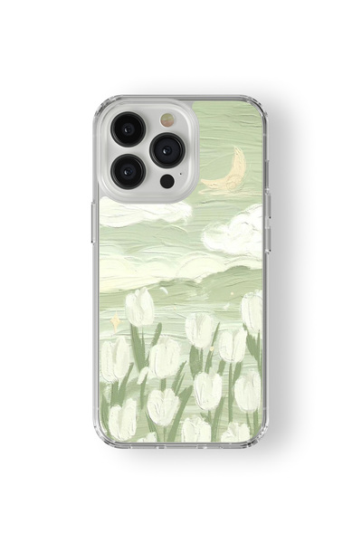 Space Star iPhone 15 Pro Uyumlu Beyaz Laleler Tasarım Baskılı Şeffaf Kılıf