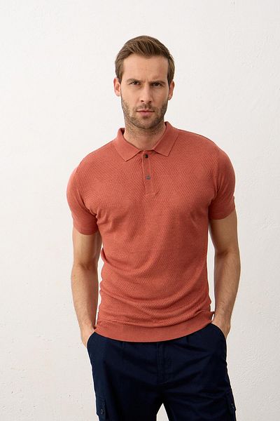 Danger Ανδρικό μπλουζάκι με κουμπωτό Slim-fit Καλοκαιρινό πλεκτό μπλουζάκι κανέλα