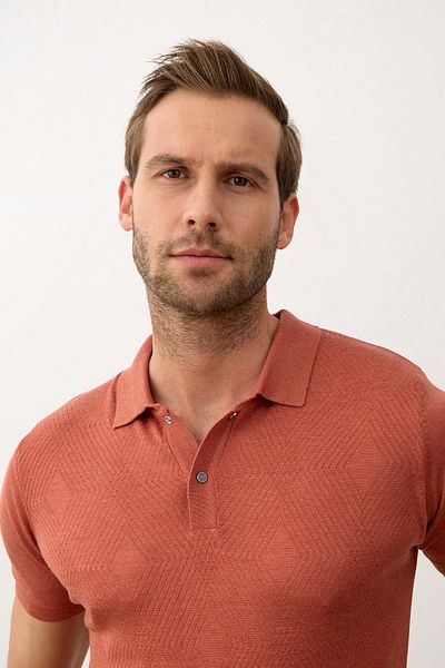 Danger Ανδρικό μπλουζάκι με κουμπωτό Slim-fit Καλοκαιρινό πλεκτό μπλουζάκι κανέλα