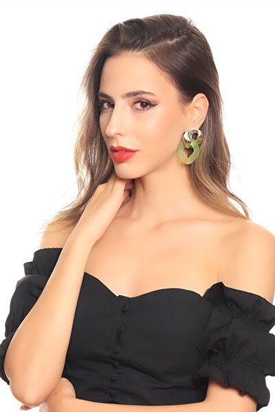 LABALABA Kadın Reçine Koleksiyonu Yeşil Renk Tonlamalı Çivili Model Geçmeli Zincir Halka Küpe