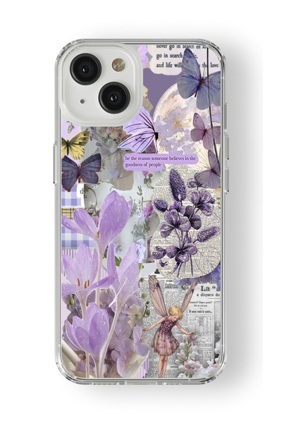Space Star iPhone 14 Plus Uyumlu Mor Peri Tasarım Baskılı Şeffaf Kılıf