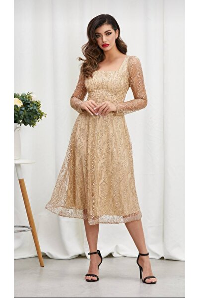 GÜZELLER Midi Boy Kare Yaka Sim Organize Kabartma Söz İsteme Nişan Nikah Elbisesi Abiyesi