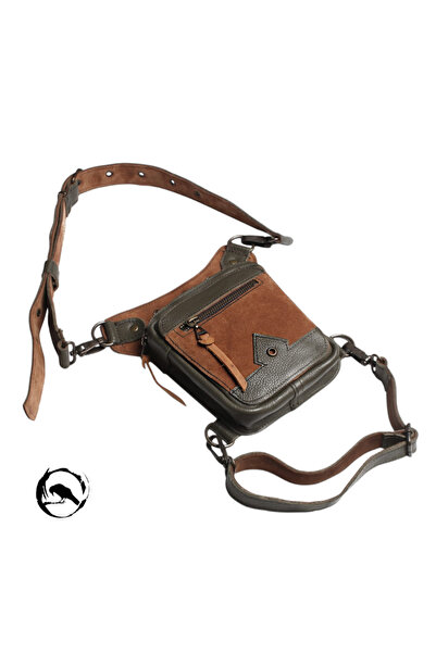 Crow'sRoom Hakiki deri bel ve bacak çantası (Küçük model yeşil & taba)