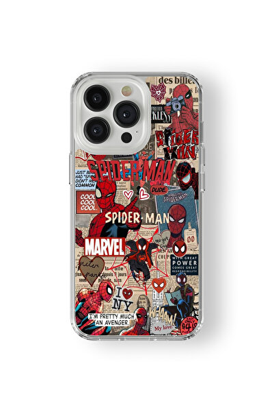 Space Star iPhone 15 Pro Max Uyumlu Spiderman Kolaj Tasarım Baskılı Şeffaf Kılıf