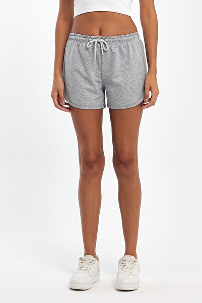 COMEOR Kadın Yırtmaçlı Mevsimlik Premium Kumaş Regular Fit İpli Gri Kısa Mini Şort