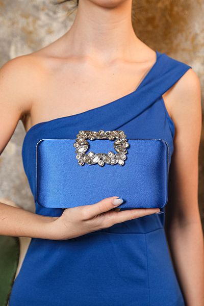 ROZA CANTA Sax Blue Satin Chain Strap Hand Shoulder Evening Dress Evening Bag
