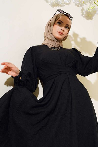 HARMONY GLOBAL Φόρεμα Hijab 3034 με μανίκι με μπαλόνι, μαύρο τσαλακωμένο ύφασμα