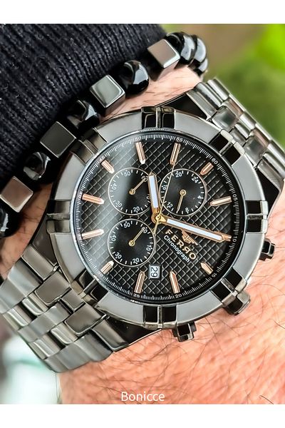 FERRO Brand Functions Active, Black Color Steel Cord Men's Wrist Watch Bracelet with Calendar