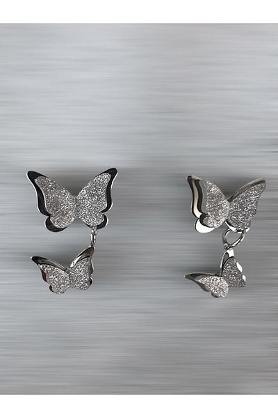 Quella Takı STEEL Double Butterfly Glitter Silver Earrings