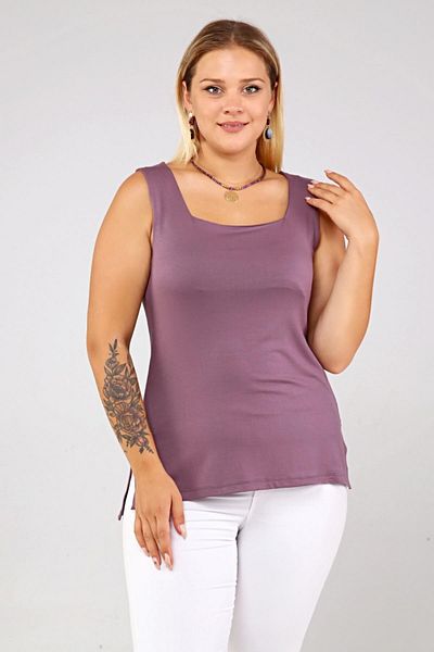 Seamoda Plus Size Square Collar Slit Viscose Tank Top-DRIED ROSE