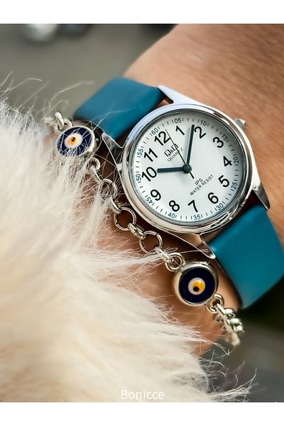 Q&Q Blue Leather Cord, Waterproof Numeral Women's Wristwatch with Evil Eye Beaded Bracelet Gift