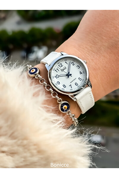 Q&Q Waterproof White Leather Women's Bracelet - Evil Eye Beaded Bracelet Gift
