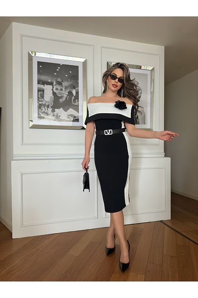 1Moda1Tarz Γυναικείο φόρεμα από μαύρο κρεπ ύφασμα Carmen με γιακά με επένδυση με ζώνη με λεπτομέρεια σχεδίου