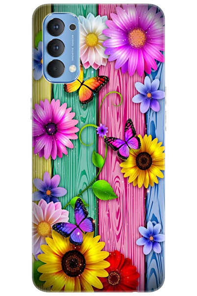 OPPO Reno 4 (CPH2113) Uyumlu Kılıf Desen Baskılı Silikon Renkli Papatya ve Ke...