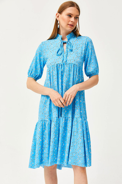 Olalook Rochie de damă albastră cu guler cu șireturi ELB-19002134